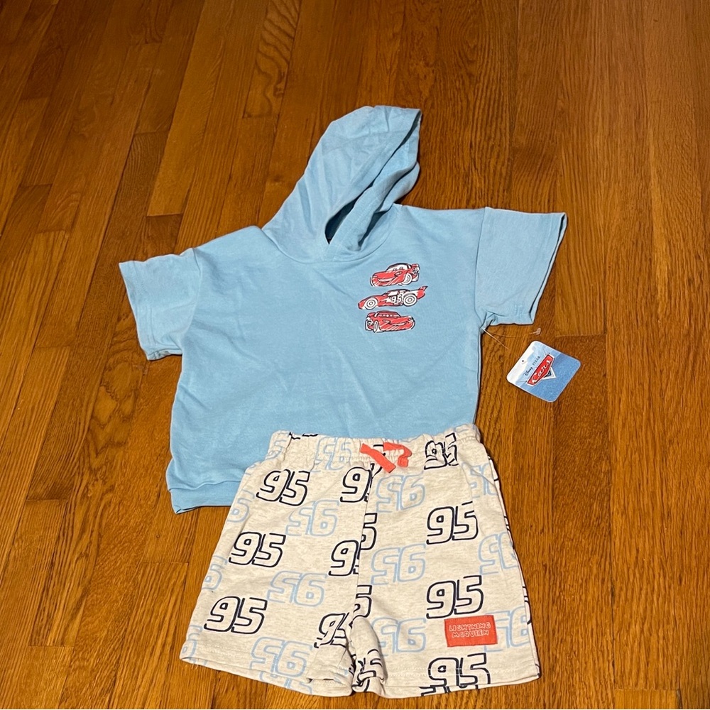 Disney Lightning McQueen Blue Short Sleeve Hoodie & Light Gray Shorts Size 5